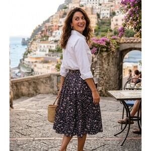 Brooks Brothers Red Fleece Midi Skirt Floral Dobby Pleated Sz 8 Pockets Preppy
